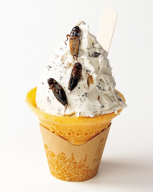 食用コオロギをトッピングしたジェラート